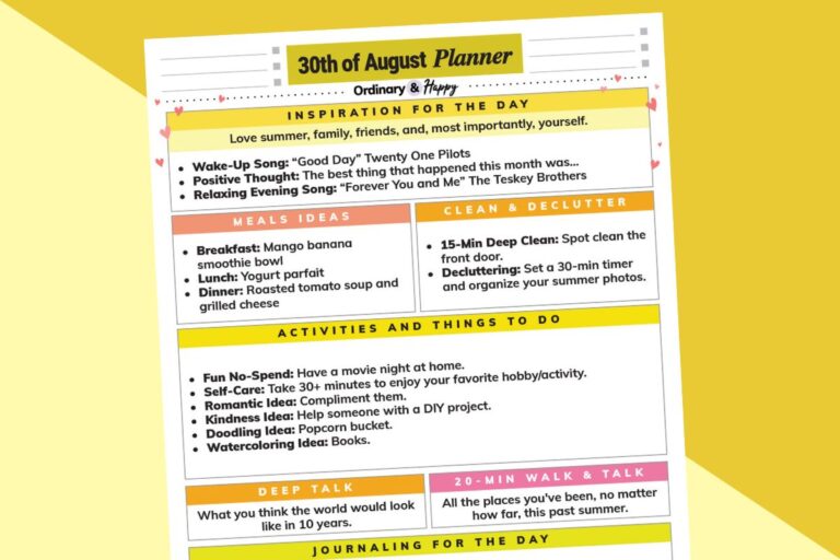 august 30th printable daily planner displayed partially visible on a yellow and light yellow background