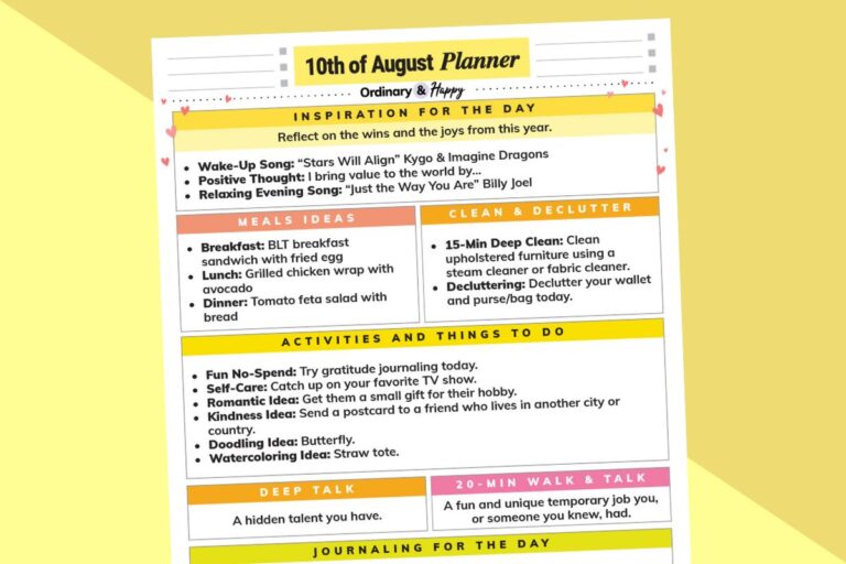 august 10th daily planner with lists of ideas for the day on a 2-color yellow and orange block color backdrop