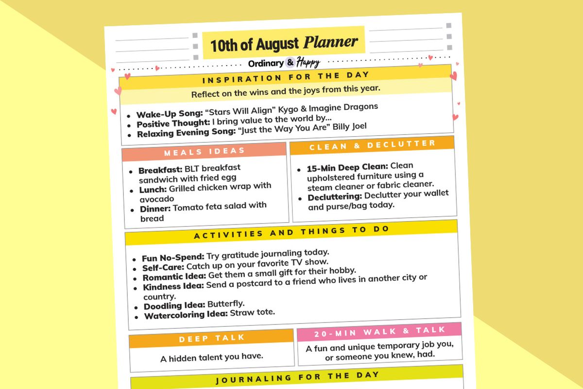 august 10th daily planner with lists of ideas for the day on a 2-color yellow and orange block color backdrop