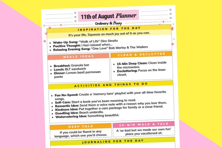 august 11th daily planner printable with lists of ideas for the day showcased on a 2-color lilac and yellow background