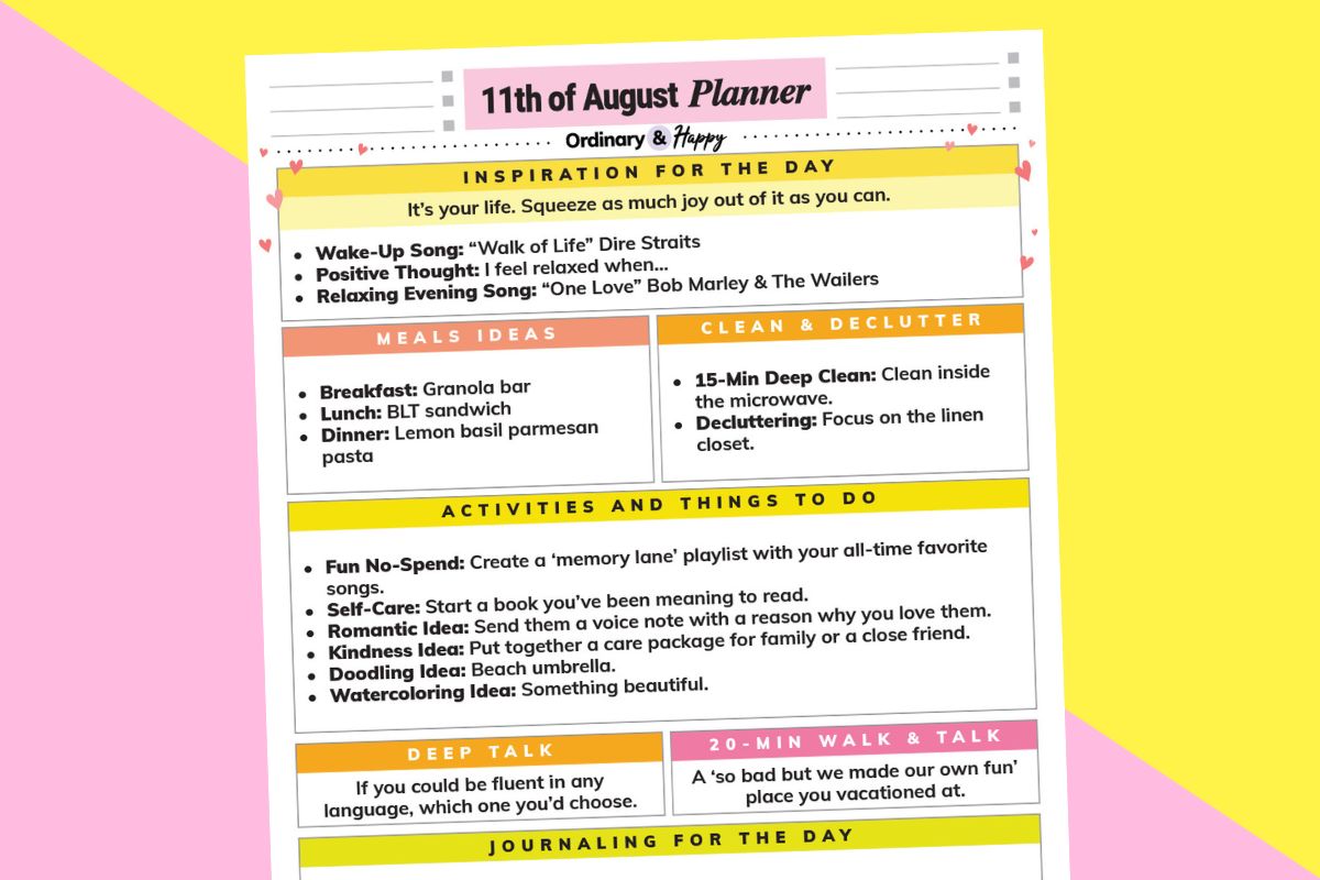 august 11th daily planner printable with lists of ideas for the day showcased on a 2-color lilac and yellow background