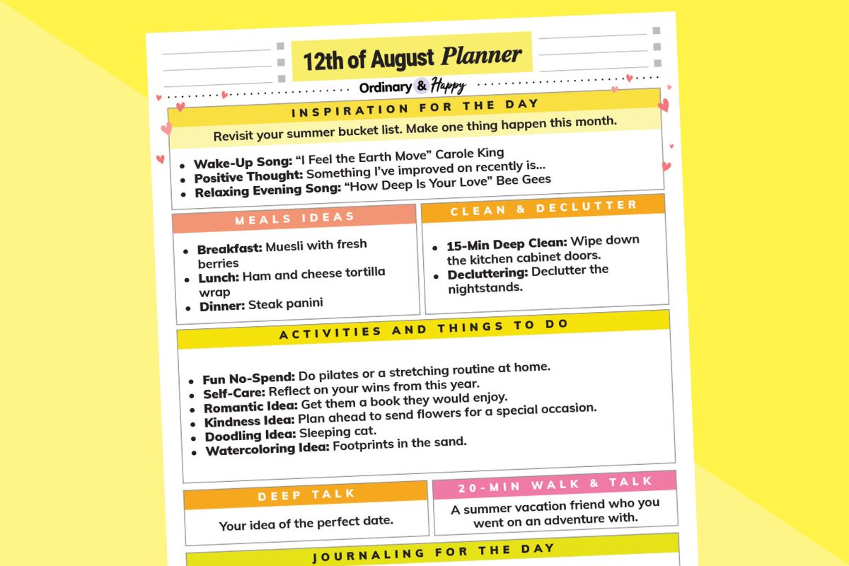 august 12th daily planner printable listicle displayed tilted to the left on a 2-color yellow background