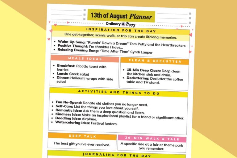 august 13th daily planner printable with ideas for the day displayed on a 2-color orange and yellow backdrop
