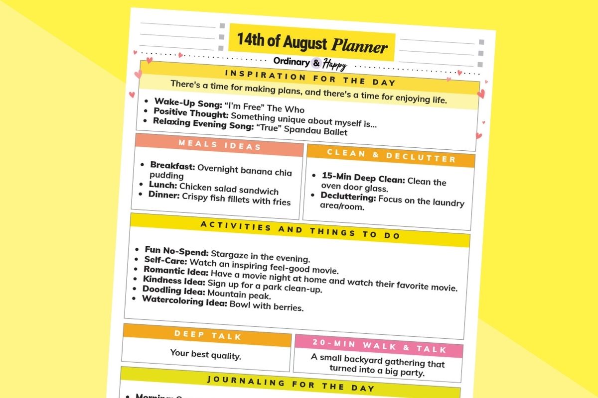 august 14th daily planner printable with lists of ideas for the day displayed on a 2-color yellow backdrop