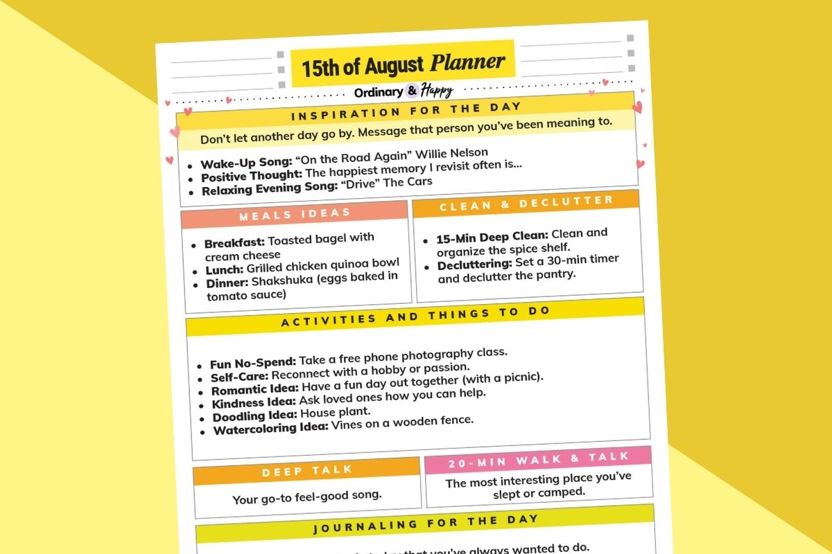 august 15th daily planner printable with ideas for all times of the day on an orange and yellow backdrop