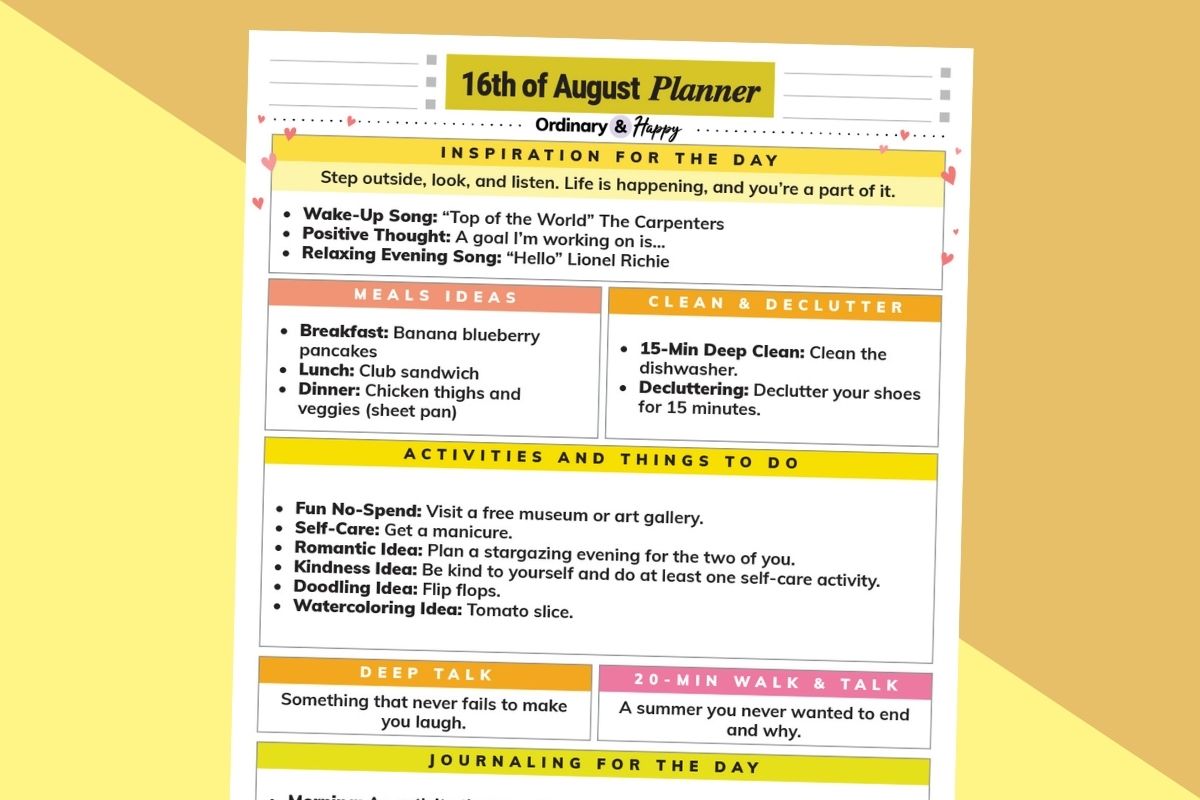 august 16th daily planner printable with listicles for the day on a block color orange and yellow background