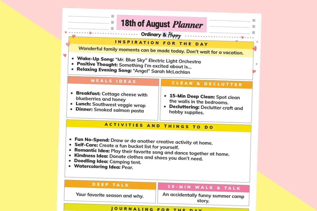 august 18th daily planner printable displayed on a red and yellow 2-color background