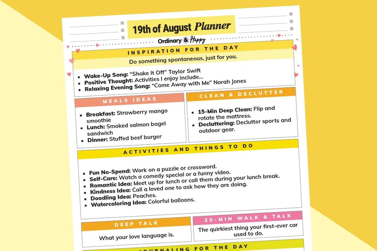 august 19th daily planner listicle printable partially visible on a 2-color yellow backdrop
