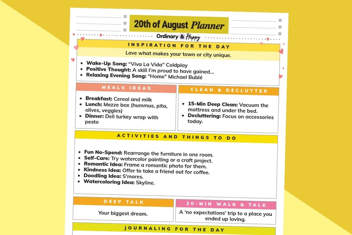 august 20th daily planner printable tilted to the right displayed on an orange and yellow background