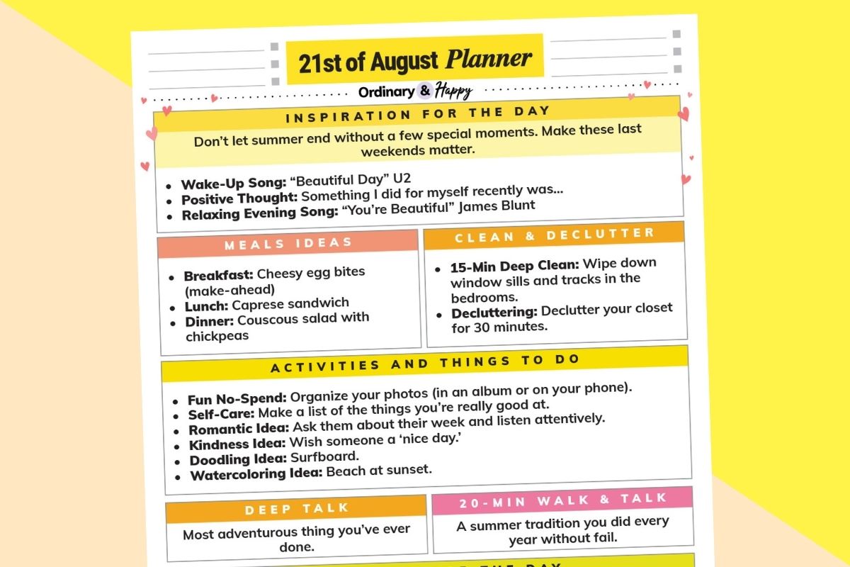 august 21st daily planner printable with lists of ideas for the day