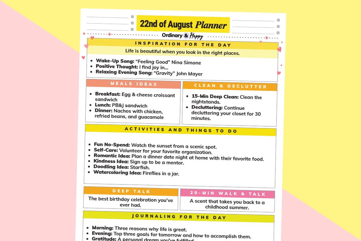 august 22nd daily planner printable displaying lists of ideas for different areas of daily life