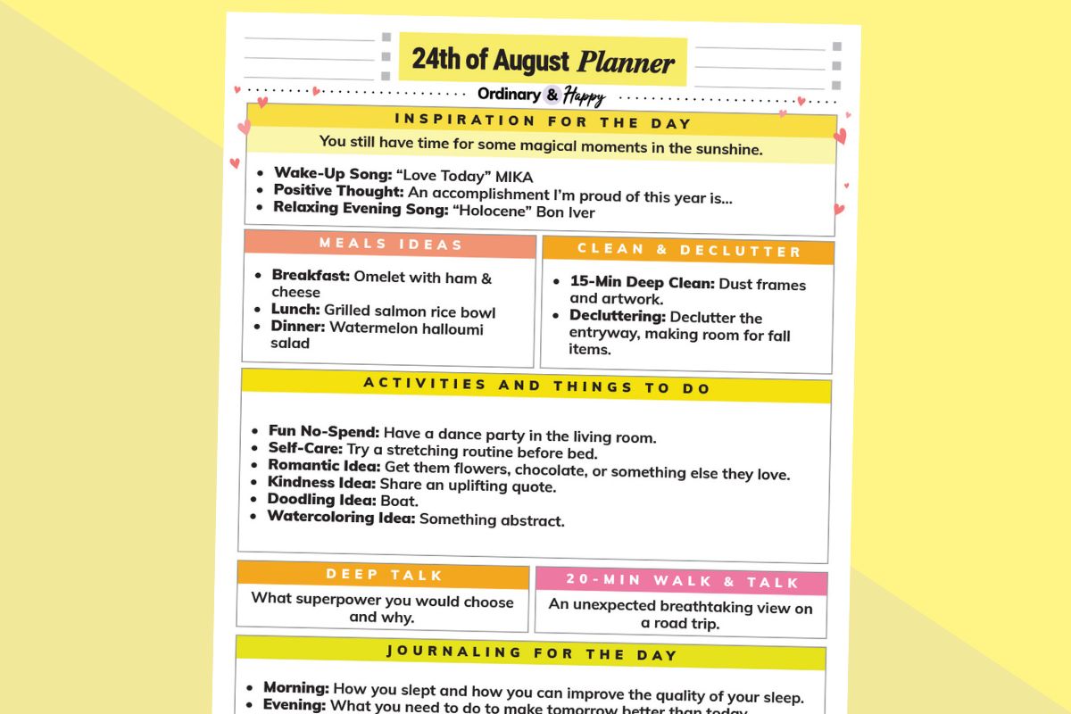 august 24th daily planner printable with lists of ideas for the day partially visible on a block color yellow background