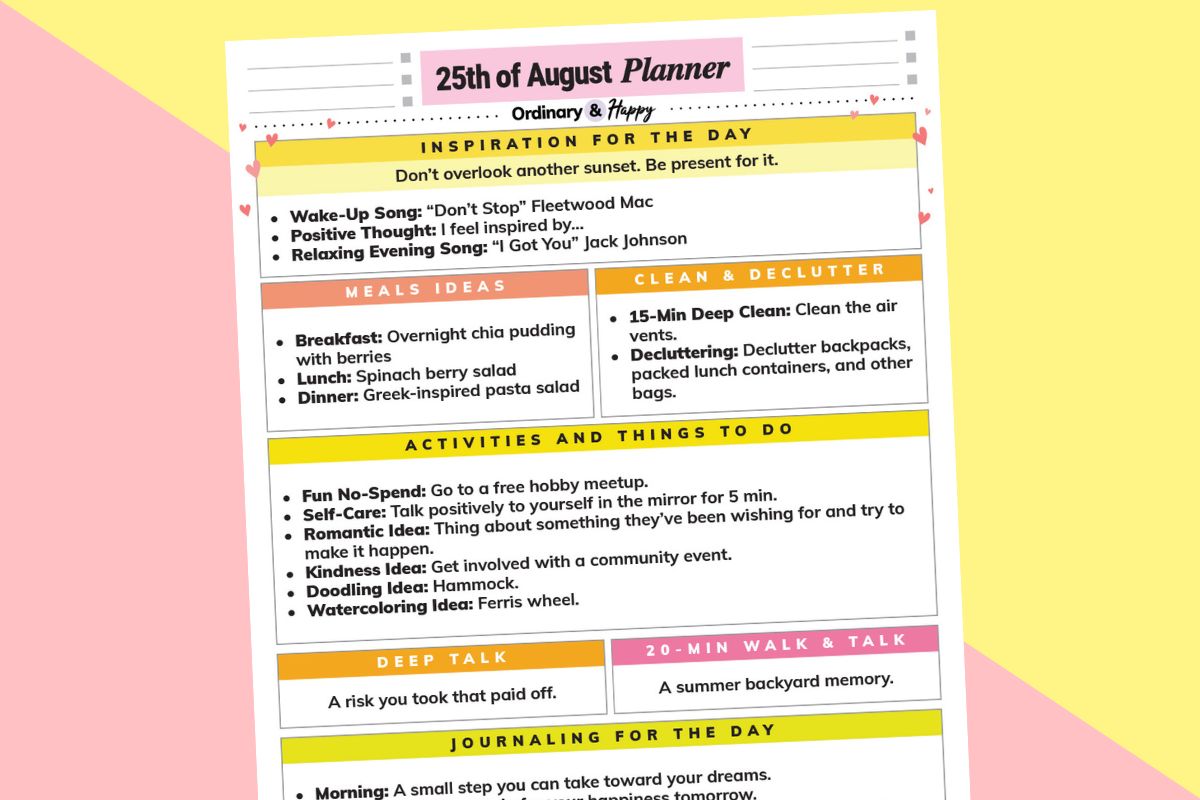 august 25th daily planner printable displayed on a light red and yellow background