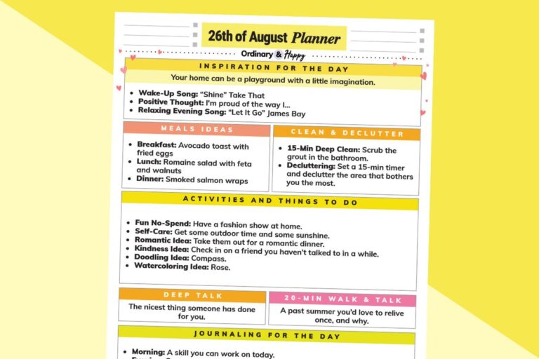 august 26th daily planner printable with a selection of listicles for the day on a 2-color yellow background