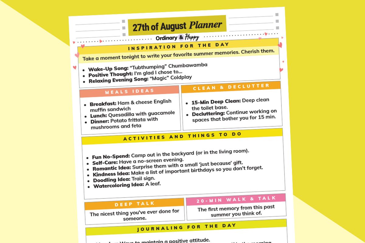 august 27th daily planner printable containing lists of ideas displayed on a light yellow and yellow background