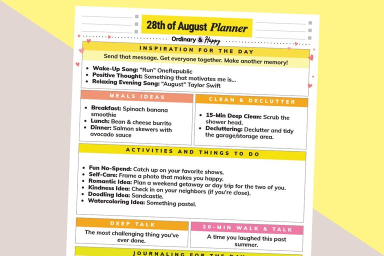 august 28th daily planner printable with lists of ideas in sections on a light orange and yellow block color background