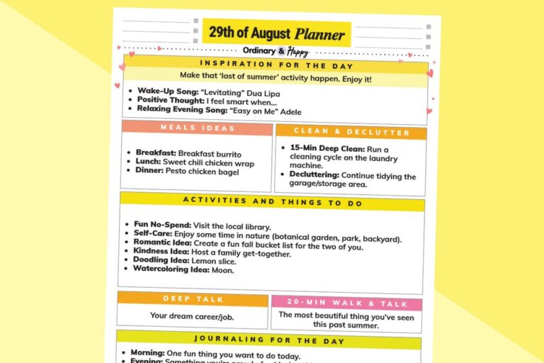 august 29th daily planner printable displayed on a 2-color yellow background