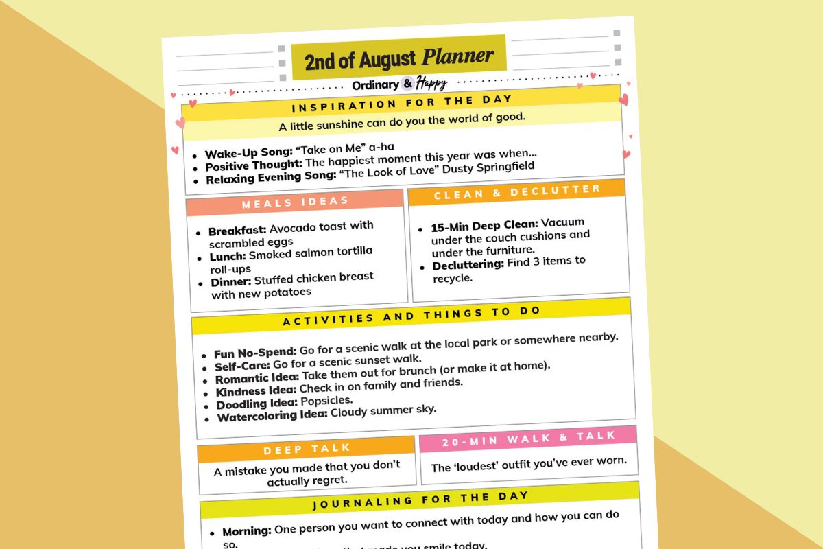 august 2nd daily planner printable preview displayed titled to the left on a 2-color yellow and orange background