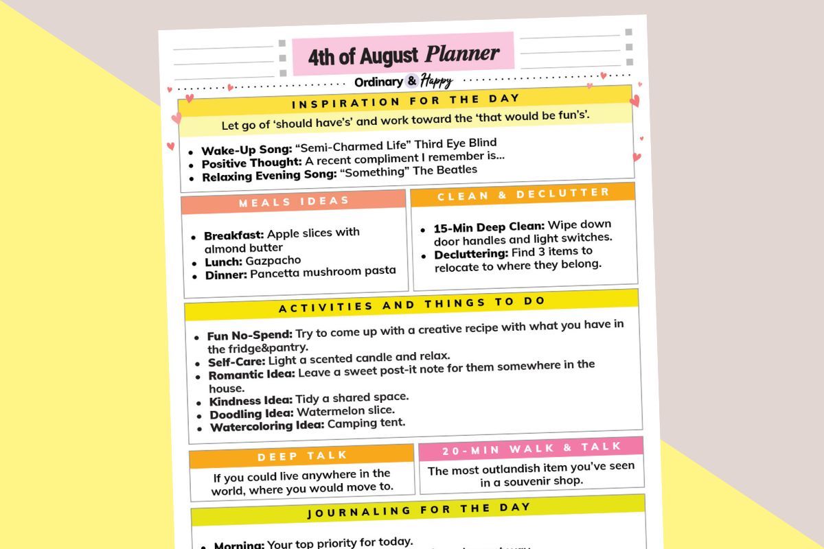 august 4th daily planner printable with lists of ideas for the day displayed on a 2-color diagonal light orange and yellow backdrop