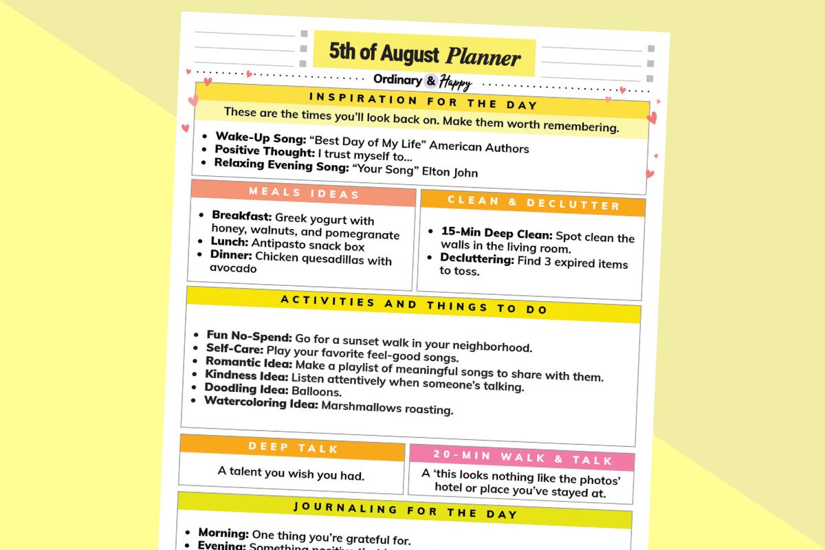august 5th daily planner printable with lists of ideas for the day in boxes displayed on a 2-color yellow block color background