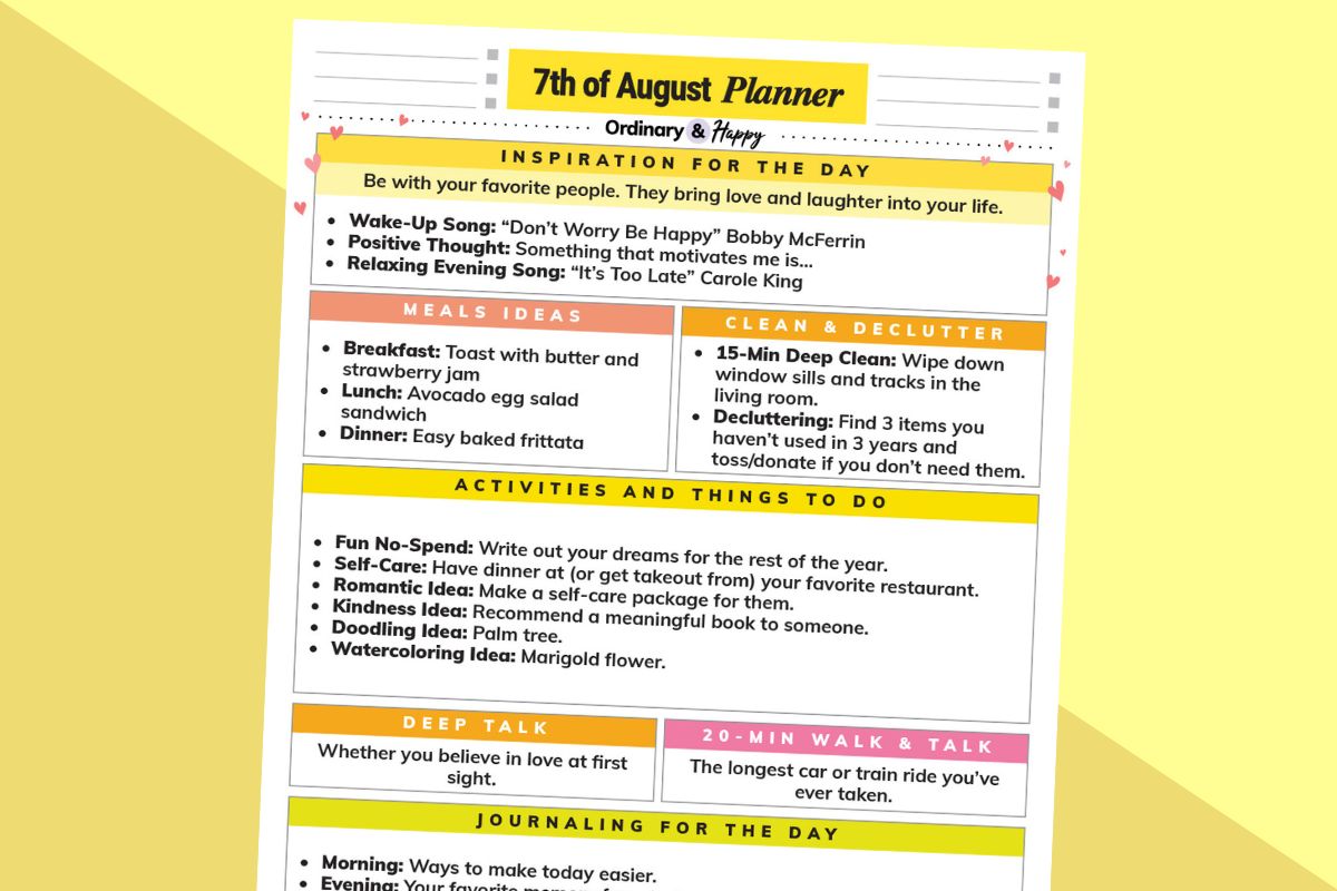 august 7th daily planner printable with ideas for the day displayed on an orange and yellow block color background