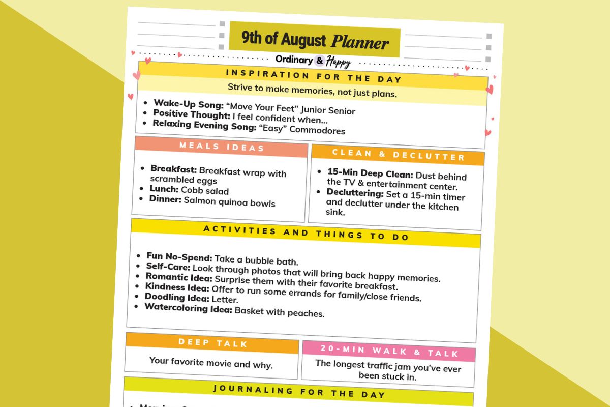 august 9th daily planner printable containing listicles of ideas for the day displayed on an orange and yellow block color background