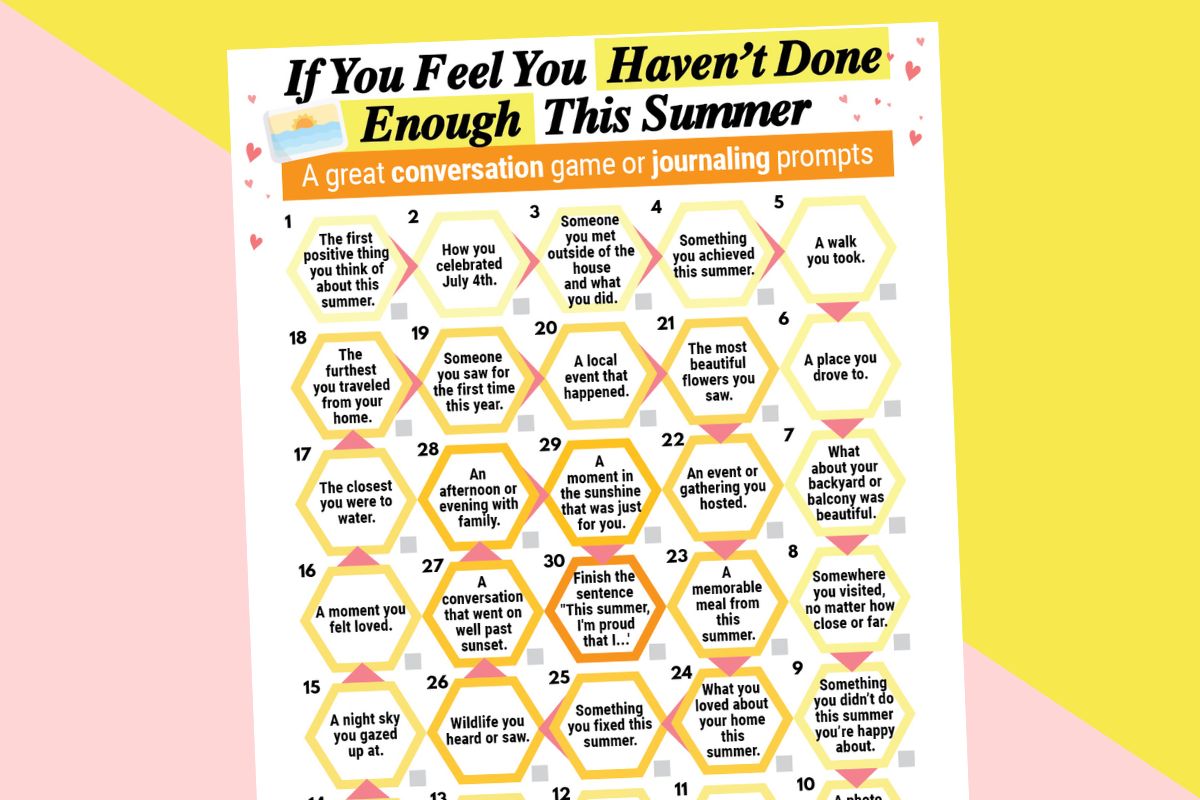 selection of 'if you feel you haven't done enough this summer' conversation and journaling prompts displayed on a printable against a 2-color red and yellow background