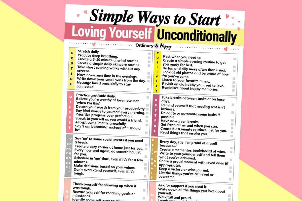 partially visible listicle printable of ways to love yourself unconditionally displayed on a diagonal 2-color red and yellow background
