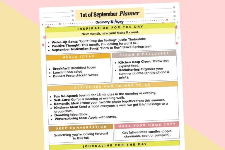 september 1st daily planner printable tilted to the left laid down over a diagonal red and yellow block color background