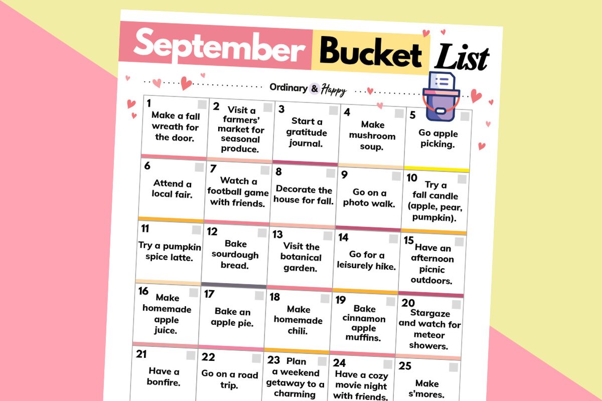 september bucket list printable with 30 ideas in a 5x6 grid displayed on a yellow and light red block color background