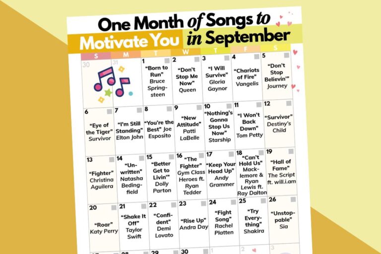 calendar of september motivation songs in a 7x5 grid printable on an orange and yellow background