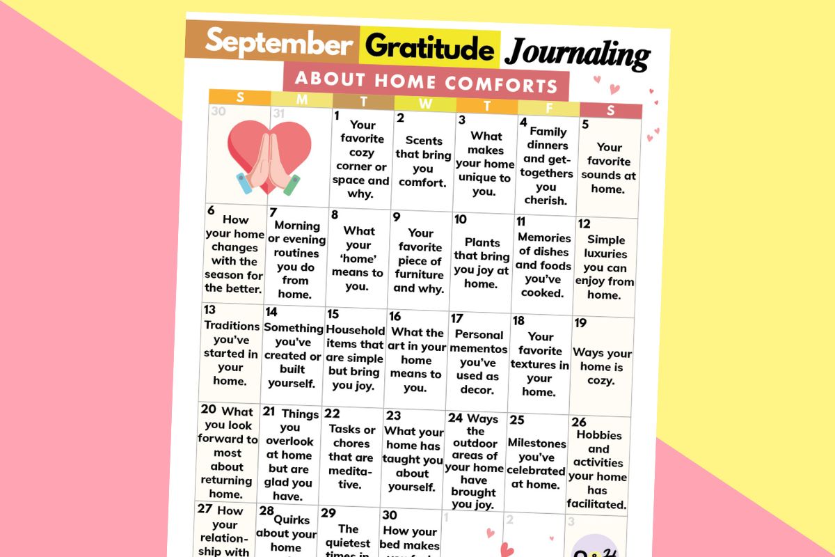september gratitude journaling calendar about home comforts displayed on a red and yellow block color background