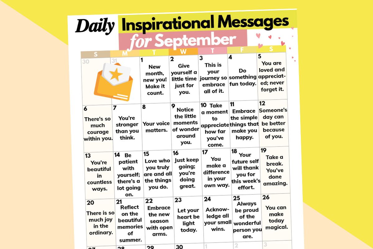 september daily inspirational messages calendar on a 2-color yellow and vanilla background