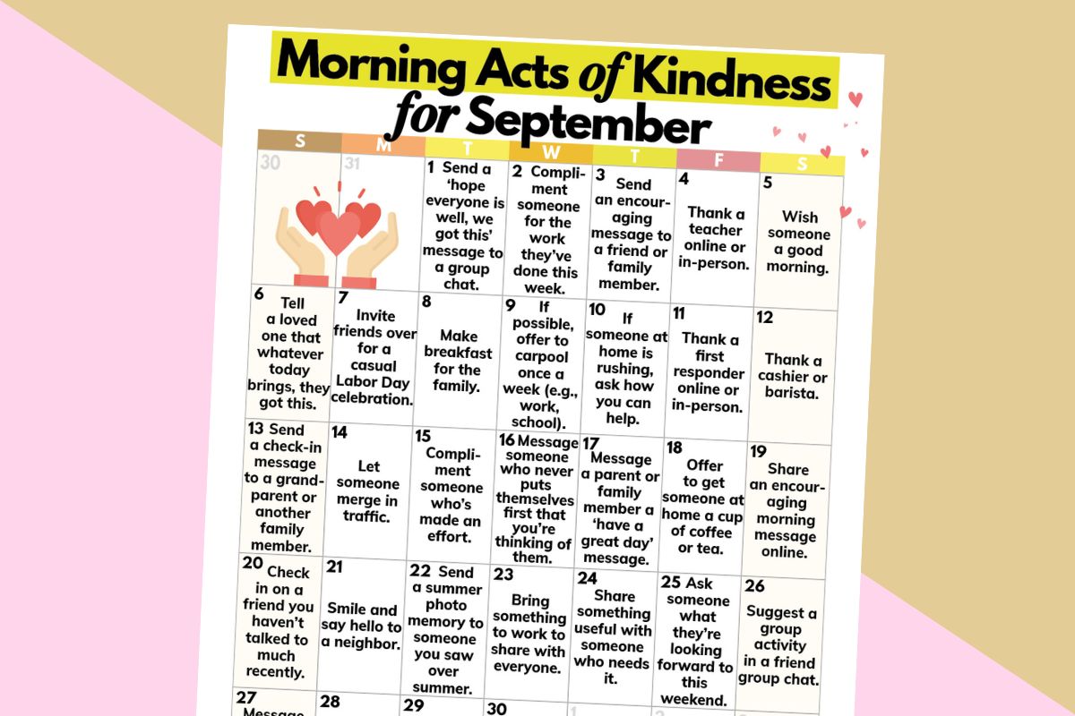 calendar of morning acts of kindness for september displayed in a 30-day 7x5 calendar grid