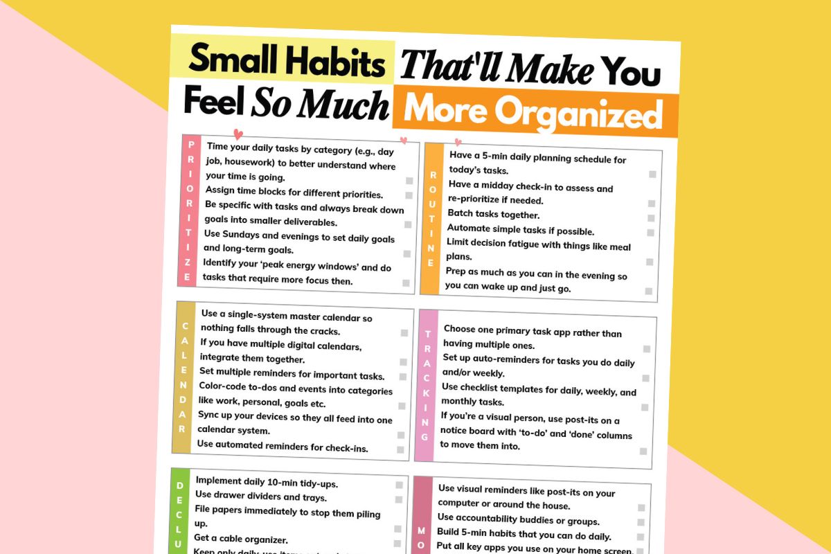 listicle of small habits to make you feel more organized displayed on a diagonal yellow and light red background