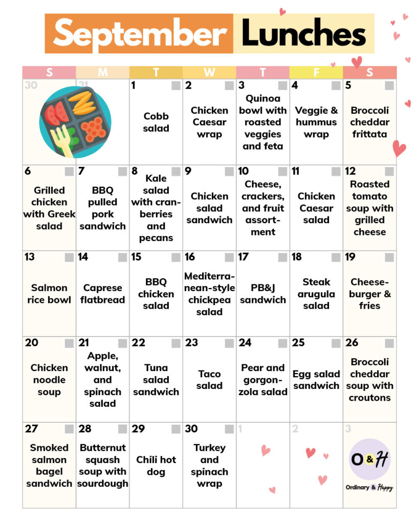 30 lunch ideas for the 30 days of september displayed in a 7x6 grid calendar format
