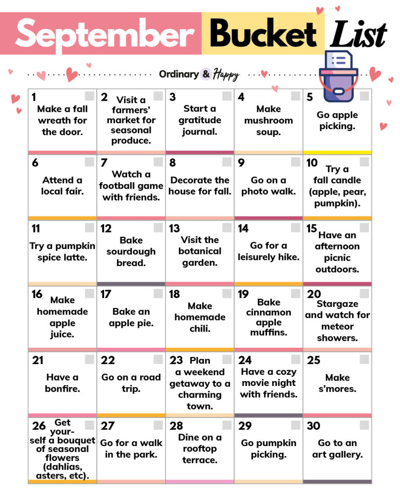 september bucket list ideas printable with individual ideas displayed in a 5x6 grid on a white background