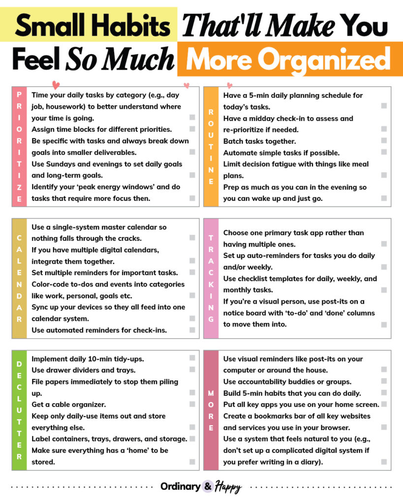 a selection of over 50 small habits that'll make you feel more organzied displayed in listicles in a set of color-coded 2x3 boxes