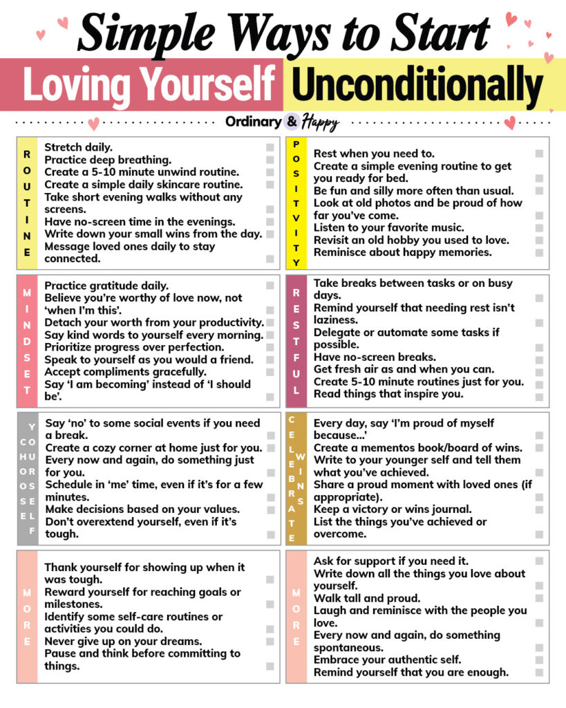 a list of simple ways to start loving yourself unconditionally displayed in color-coded rectangular boxes of up to 10 ideas in a 2x4 format
