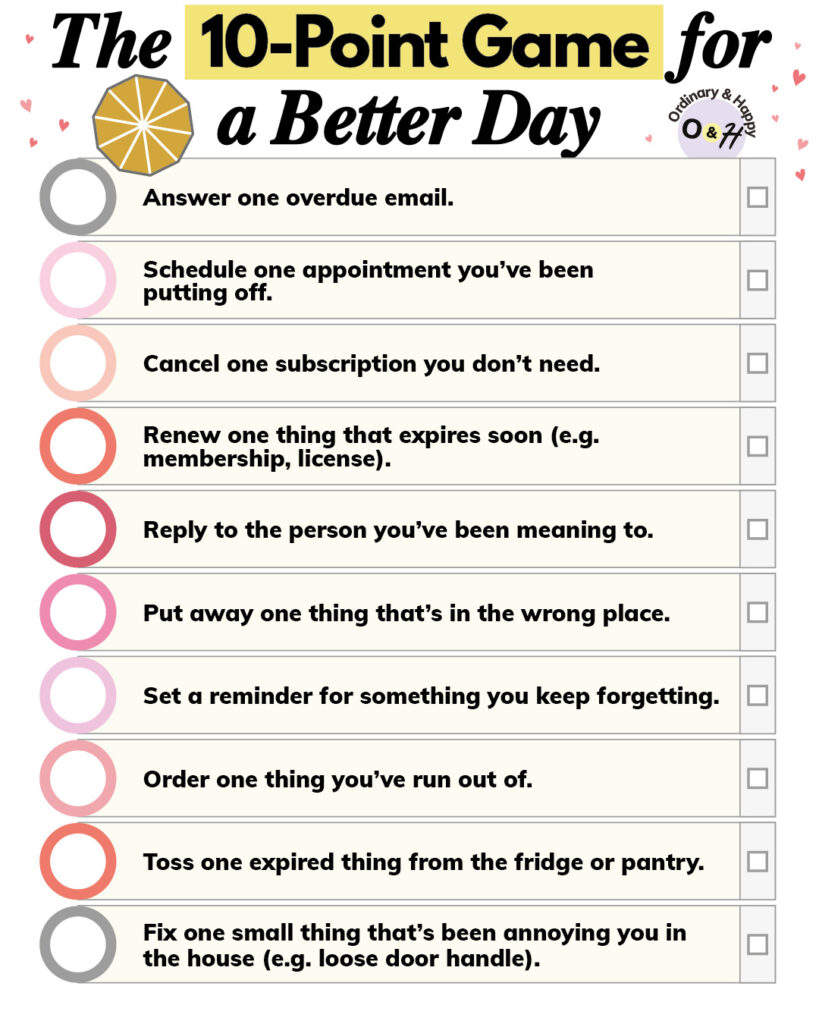 10-point game for a better day with the 10 points displayed in vertical rows with a checkbox at the end of each one