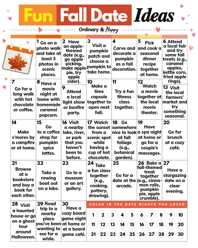 30 fun fall date ideas displayed in a 7x5 numbered calendar grid