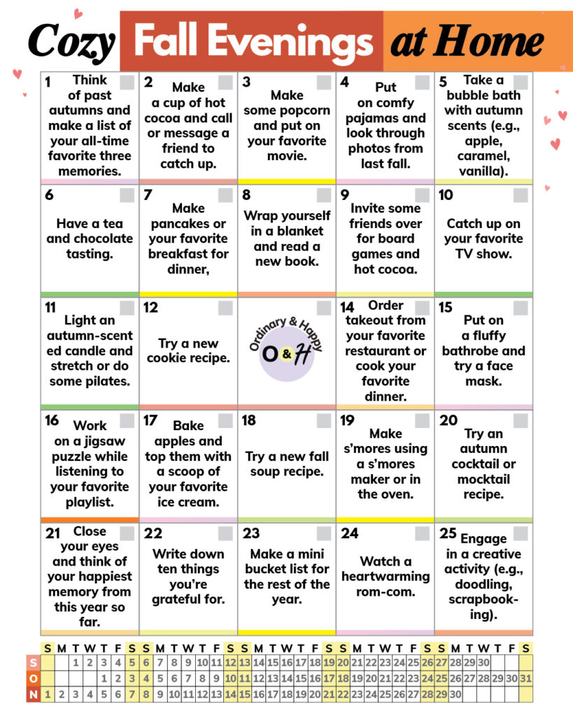 Cozy Fall Evenings at Home (Ideas in a Bingo Format)