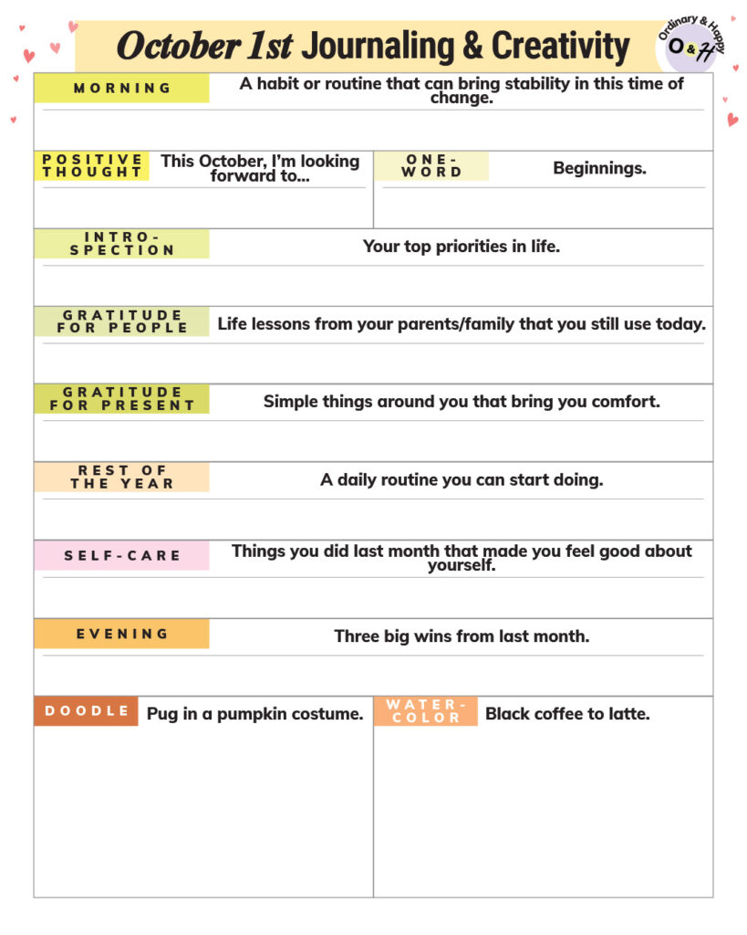 october 1st journaling and creative prompts worksheet planner