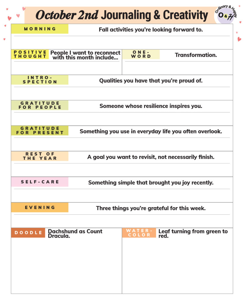 october 2nd journaling and creativity worksheet planner with a selection of prompts to write about