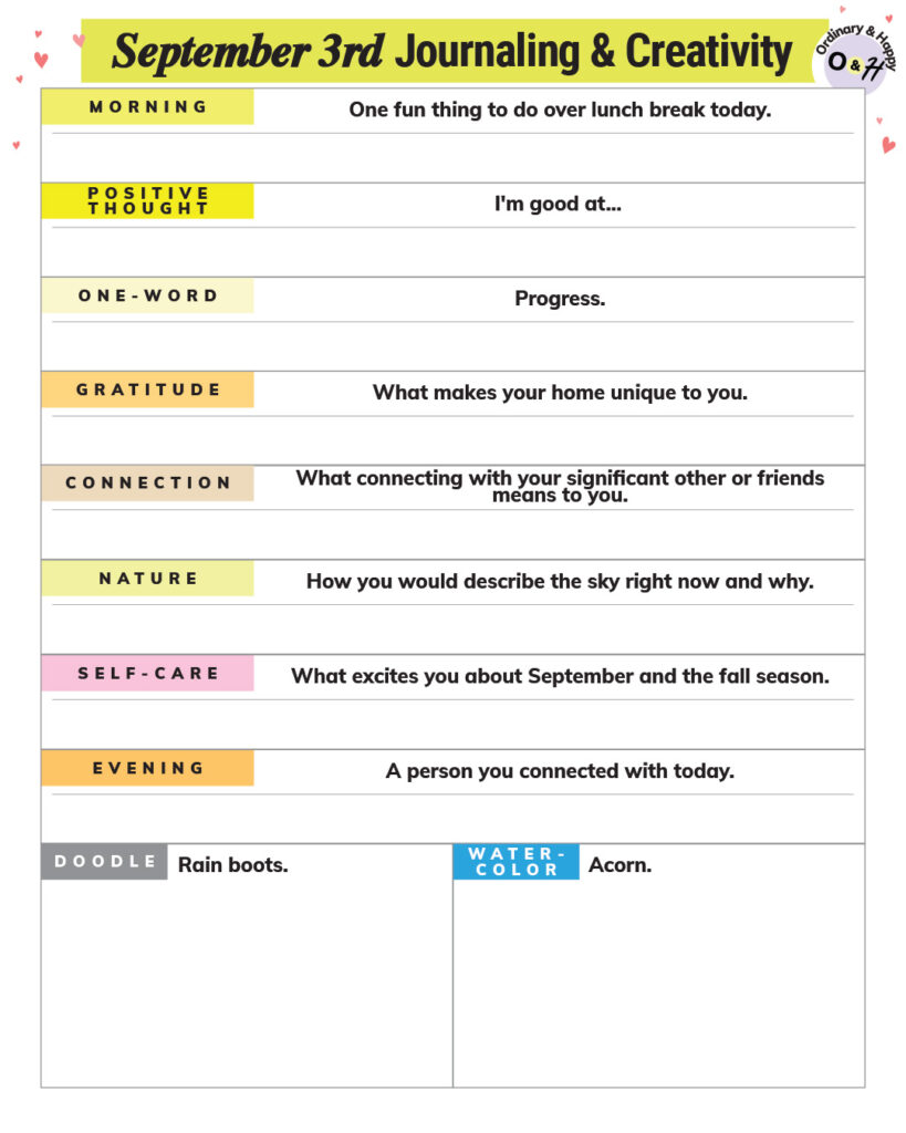 September 3rd journaling and creativity template with prompts.