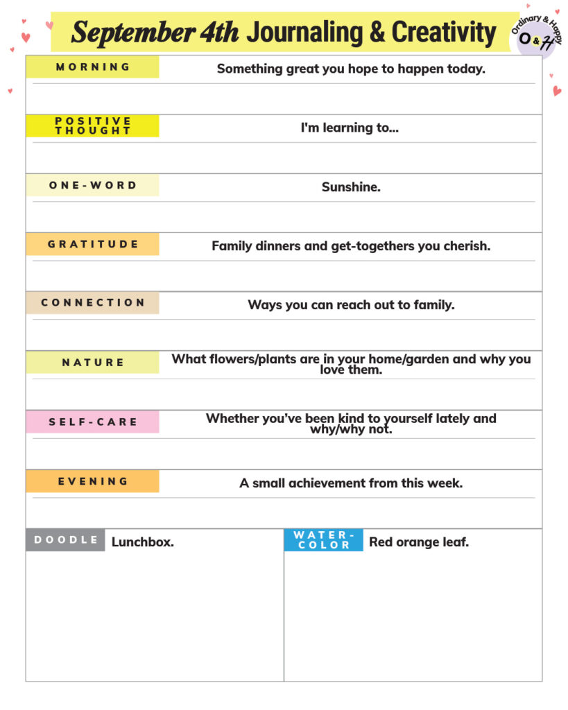 september 4th journaling and creativity worksheet with prompts and blank spaces for you to write in