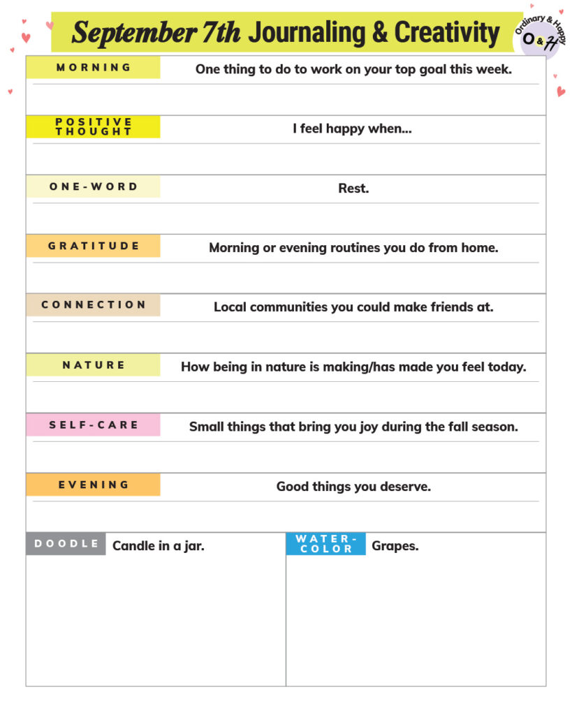september 7th journaling and creativity worksheet consisting of a series of prompts to write answers to