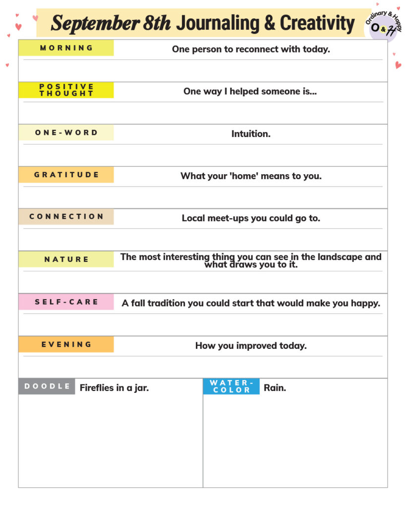 september 8th journaling and creativity worksheet printable with prompts to write about and blank spaces for your writing