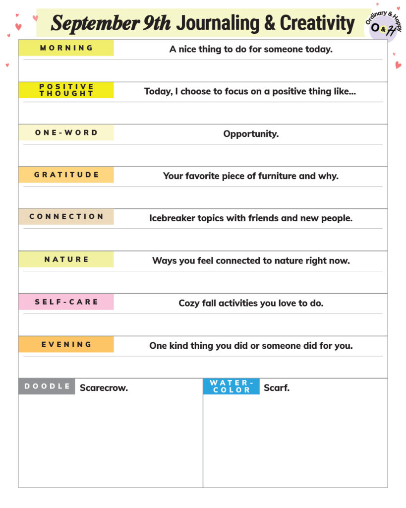 september 9th journaling and creativity planner worksheet with prompts listed in rows and spaces beneath to write your answers
