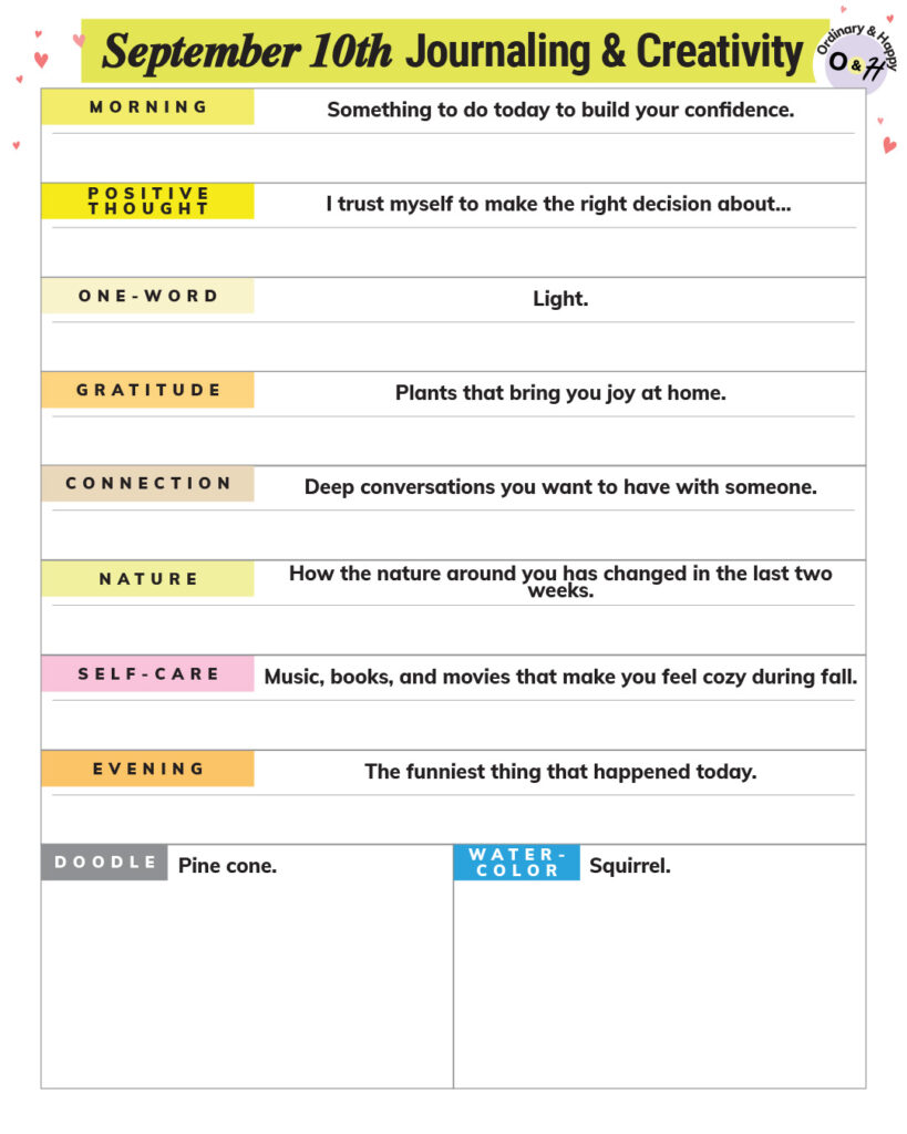 september 10th journaling and creativity worksheet printable consisting of a list of prompts and spaces for your answers